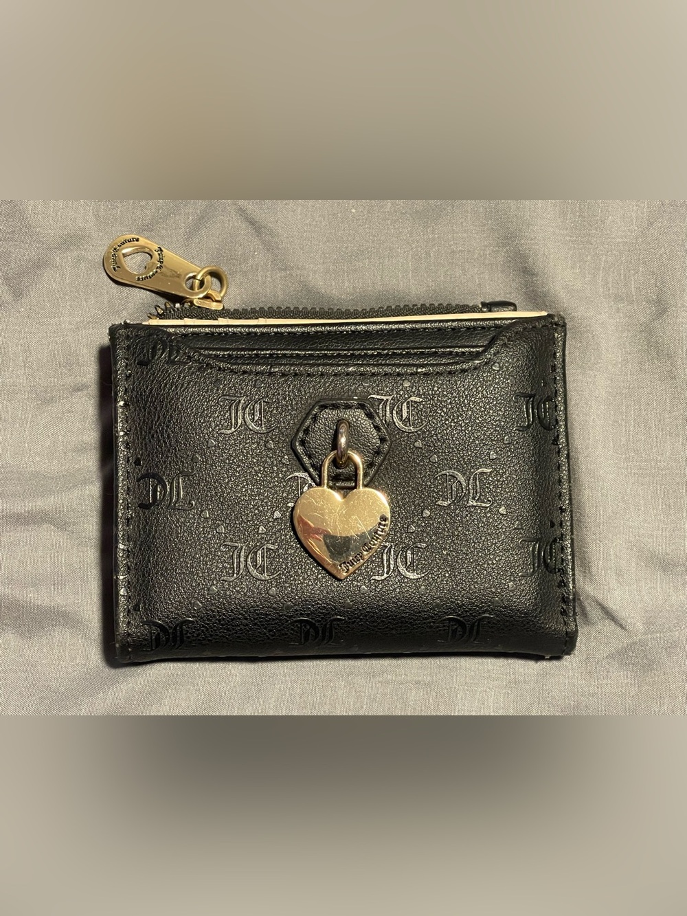 Juicy Couture Black Embossed JC Leather Card Case with Gold Heart Charm